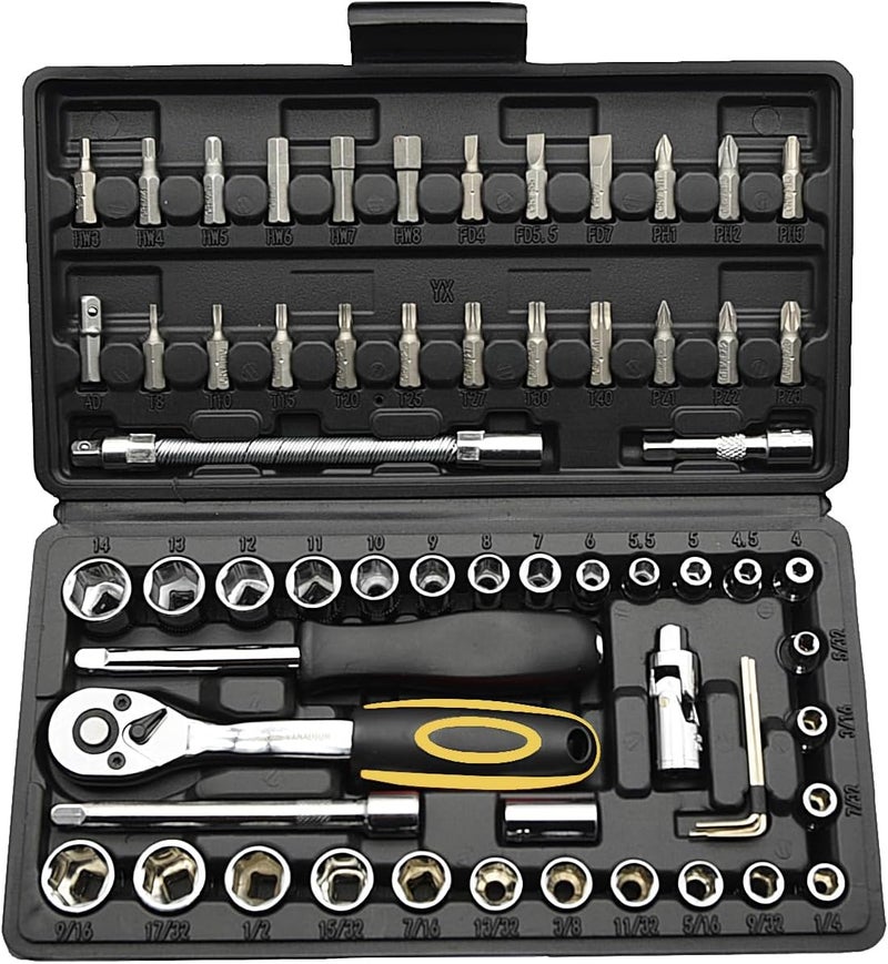TILIBOTE مجموعة مفاتيح ربط، 62 قطعة 1/4" مجموعة مفاتيح ربط مع 72 سن، SAE وميتر من 5/32" - 9/16"، 4 مم - 14 مم، مجموعة أدوات للمنزل والسيارة، دراجة نارية، إصلاح دراجة - Image 1